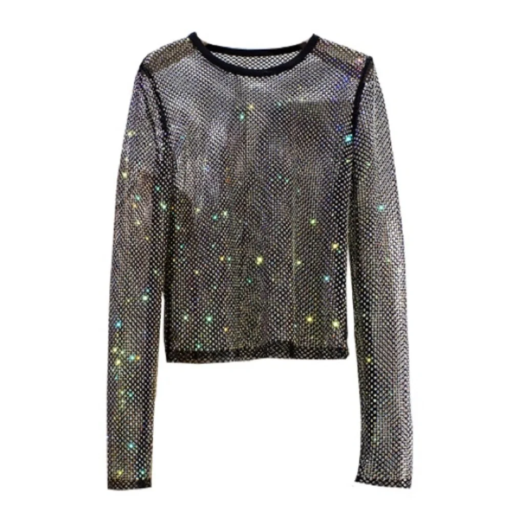Hot Rhinestone Round Neck Starlight Hollow Shiny Shirt Lady Top Mesh Beach Party - Picture 1 of 4